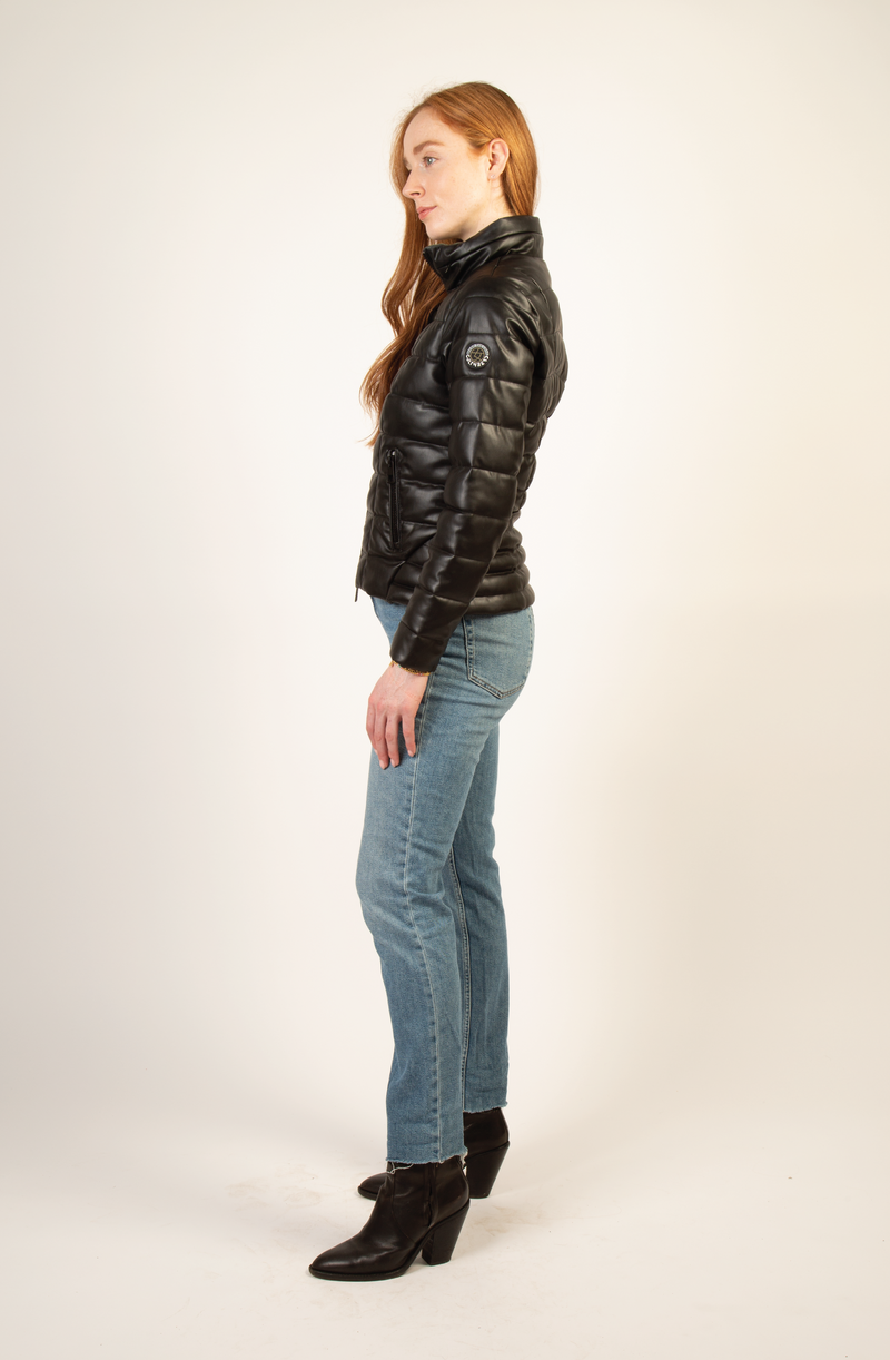 short black puffer jacket recycled vegan leather