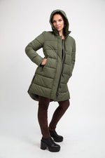 sustainable olive green long puffer jacket - culthread