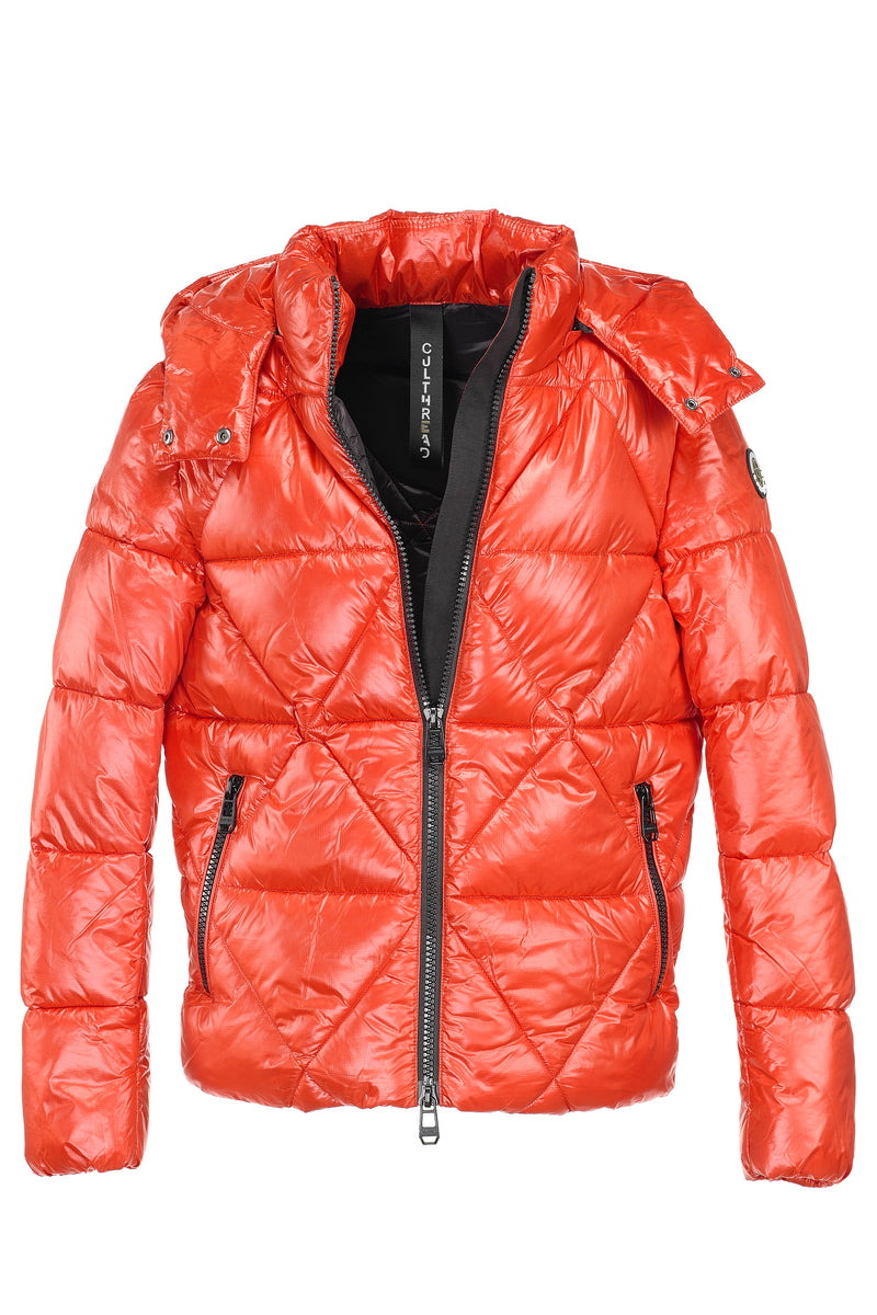 short puffer, orange, puffer jacket