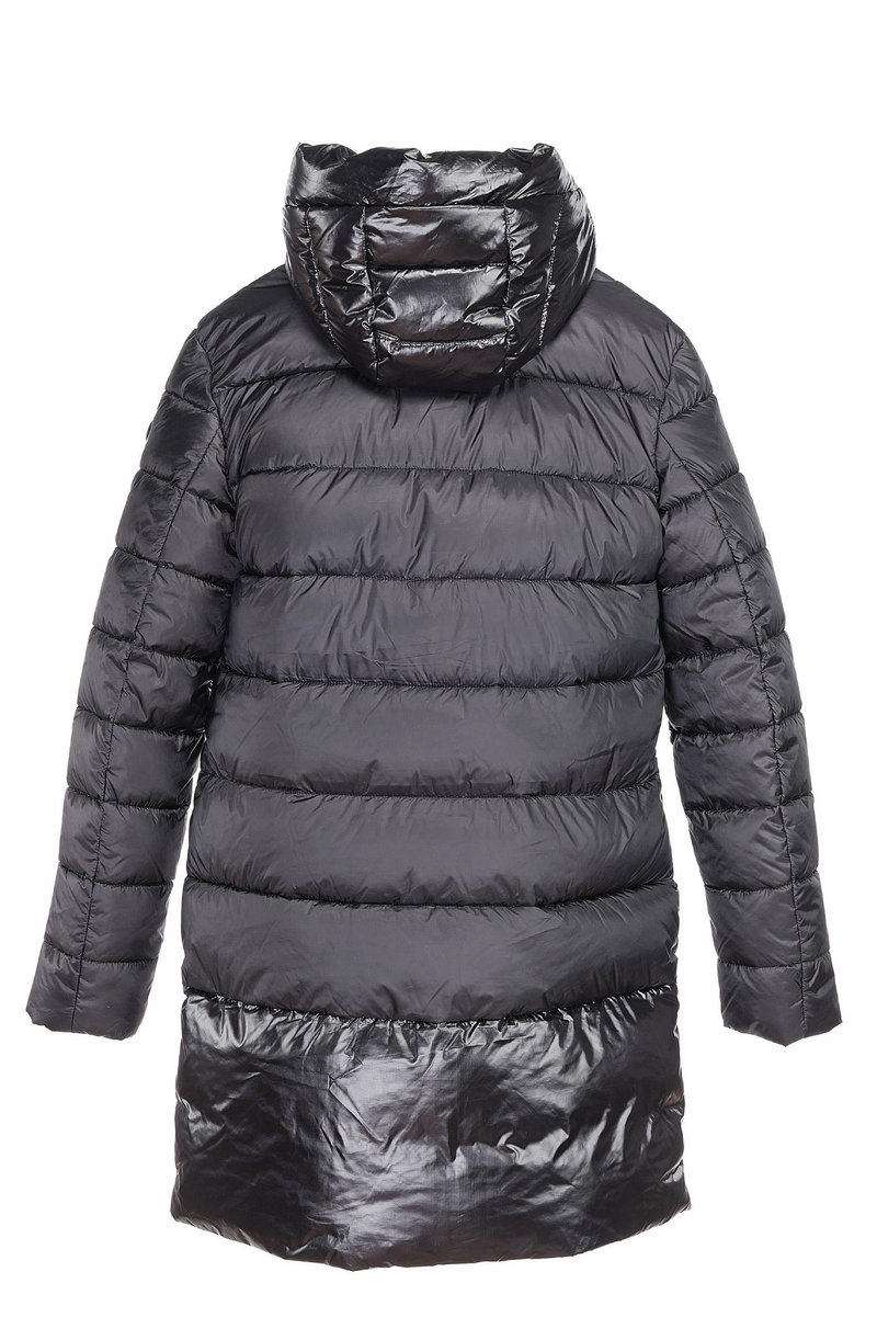 long black puffer jacket pack shot