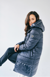 long puffer, navy, puffer jacket