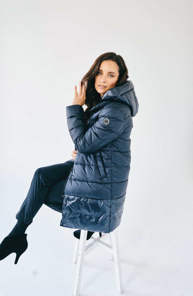 long puffer, navy, puffer jacket