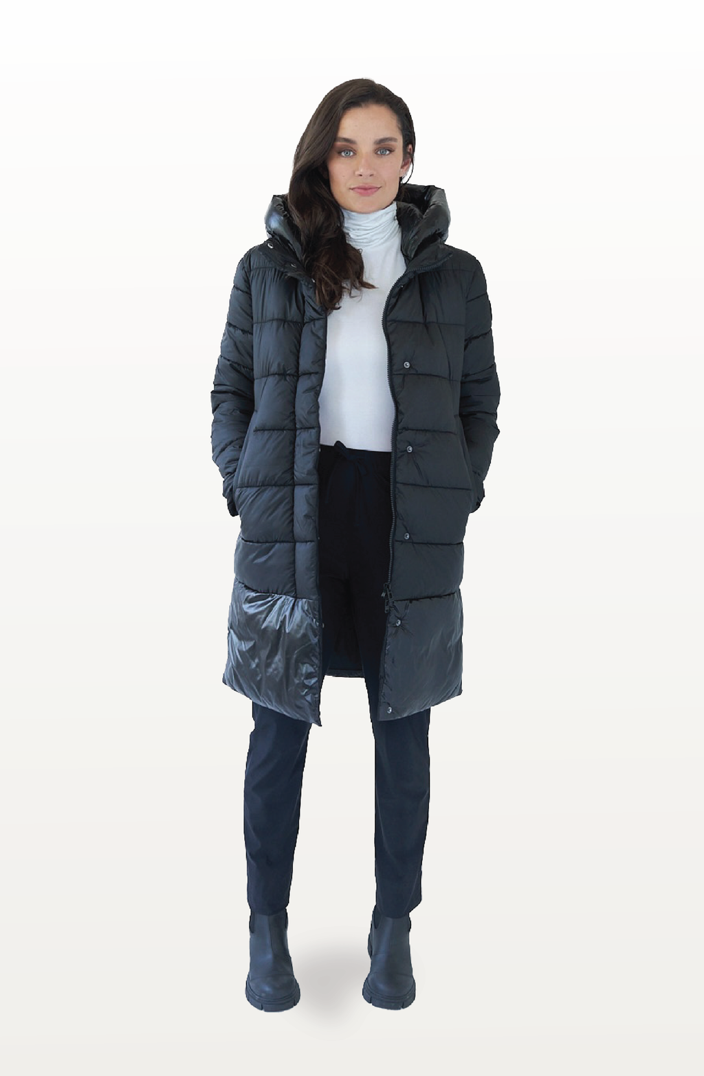 long black puffer jacket on model