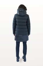 long black puffer jacket back on model