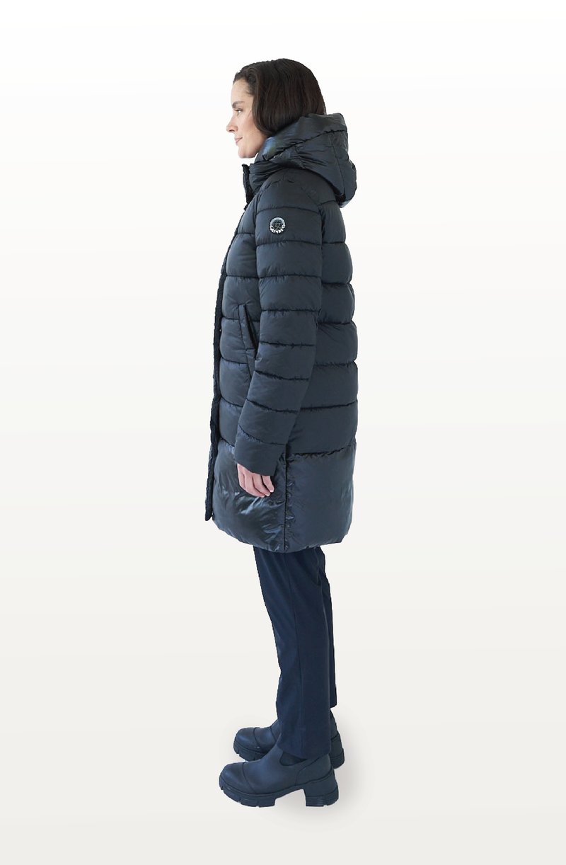 long black puffer jacket on model