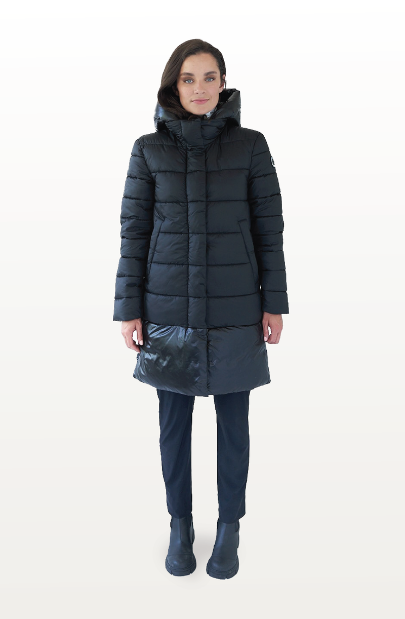 long black puffer jacket zipped up on model