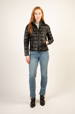 short black puffer jacket recycled vegan leather