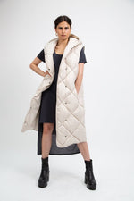 RECYCLED beige long sleeveless puffer jacket - culthread