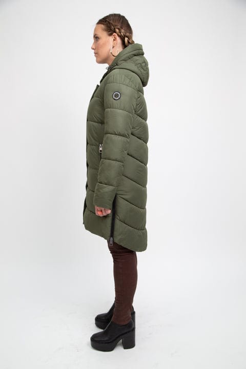 sustainable olive green long puffer jacket - culthread