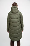 sustainable olive green long puffer jacket - culthread