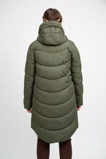 sustainable olive green long puffer jacket - culthread