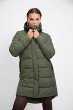 sustainable olive green long puffer jacket - culthread