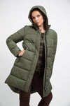 sustainable olive green long puffer jacket - culthread