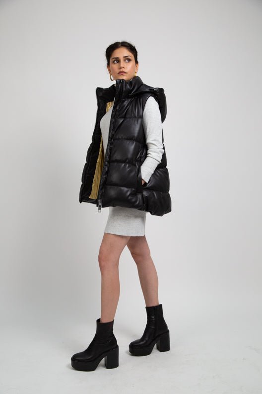RECYCLED VEGAN LEATHER sleeveless puffer jacket black & gold - culthread