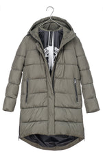 sustainable olive green long puffer jacket - culthread