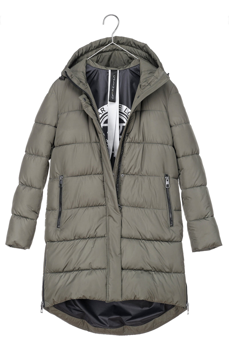 sustainable olive green long puffer jacket - culthread