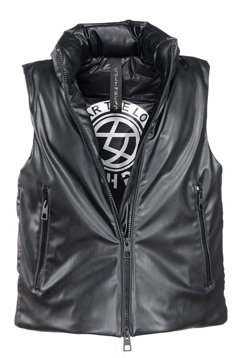 RECYCLED VEGAN LEATHER black sleeveless puffer jacket - culthread