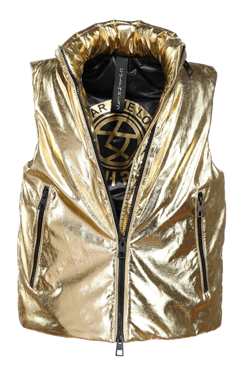 VEGAN LEATHER gold sleeveless puffer jacket - culthread