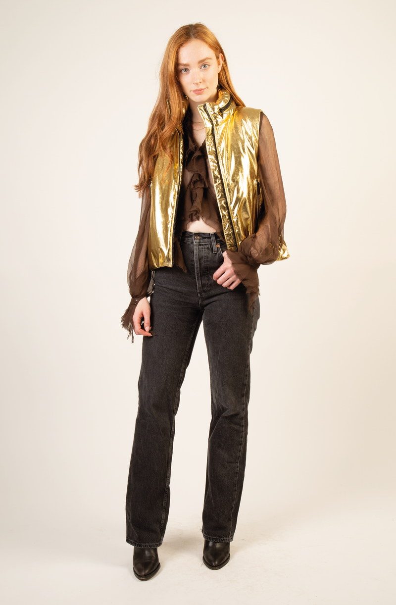 POWIS vegan leather gold sleeveless puffer jacket